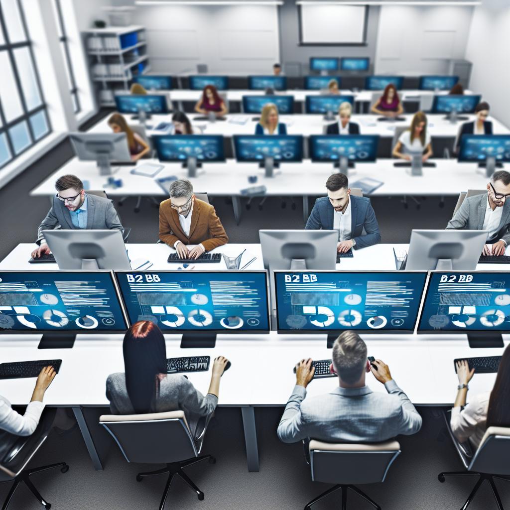 An image of a modern, sleek office space with a team of professionals working together on computer screens displaying data and graphs related to B2B marketing strategies.